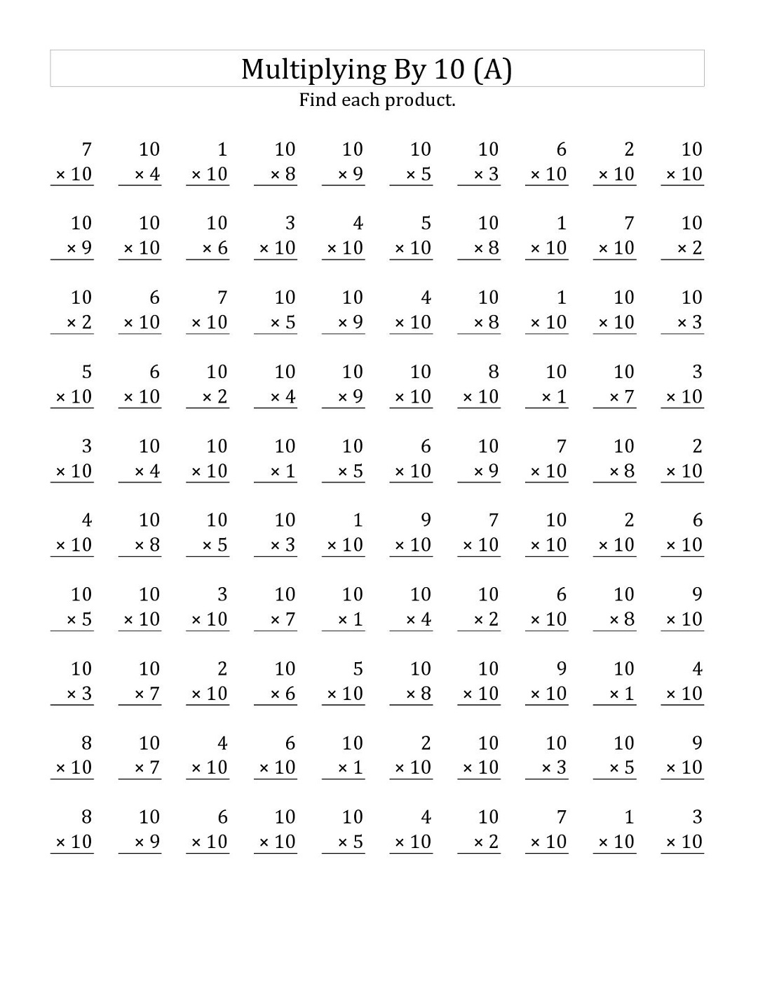 10 times table worksheet printable