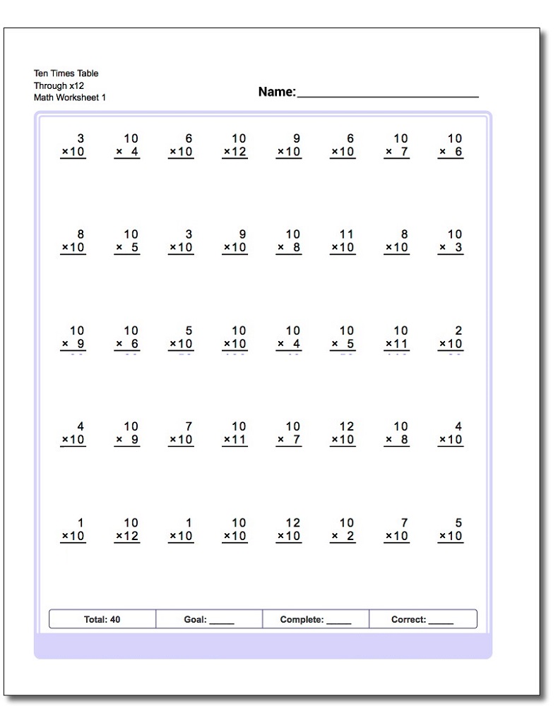 10 times table worksheet to print