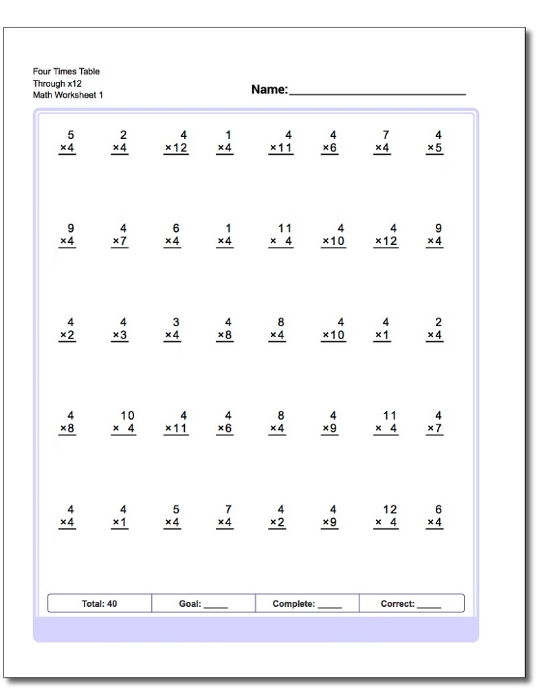 4 times tables worksheets children