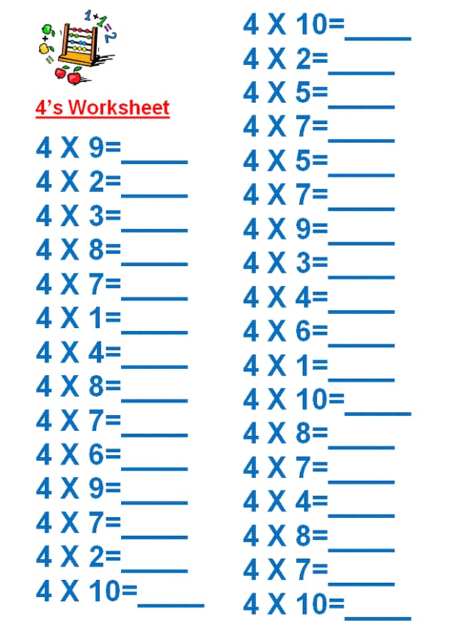 4 times tables worksheets easy