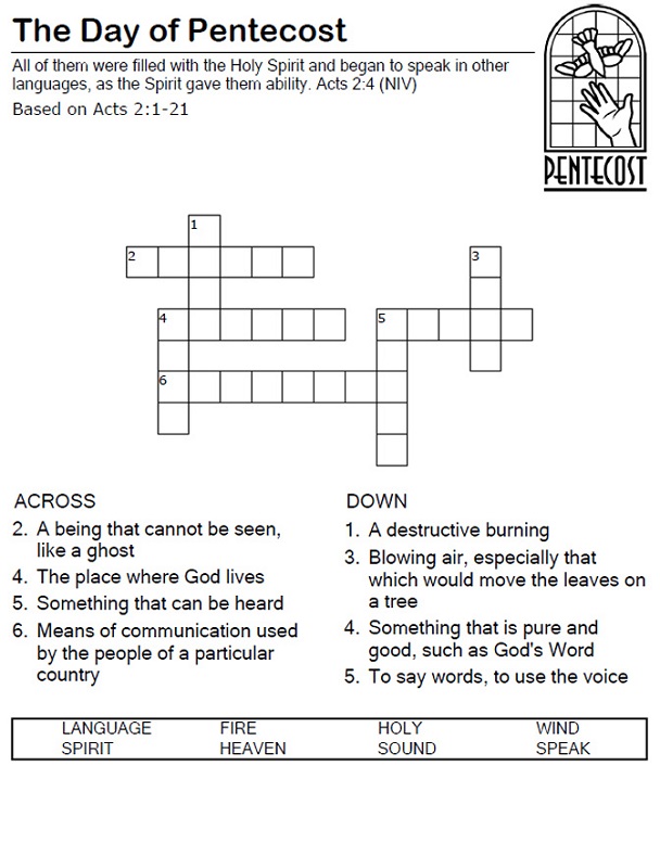 cross word puzzles for kids pentecost