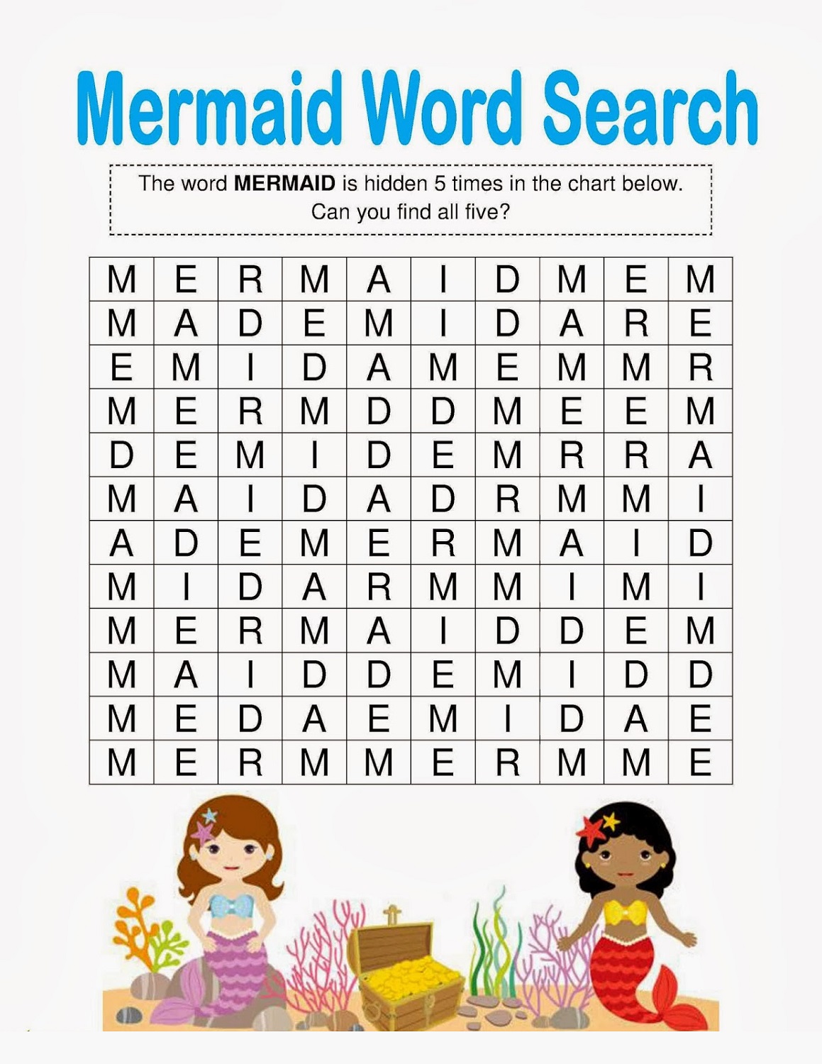 little mermaid activities wordsearch