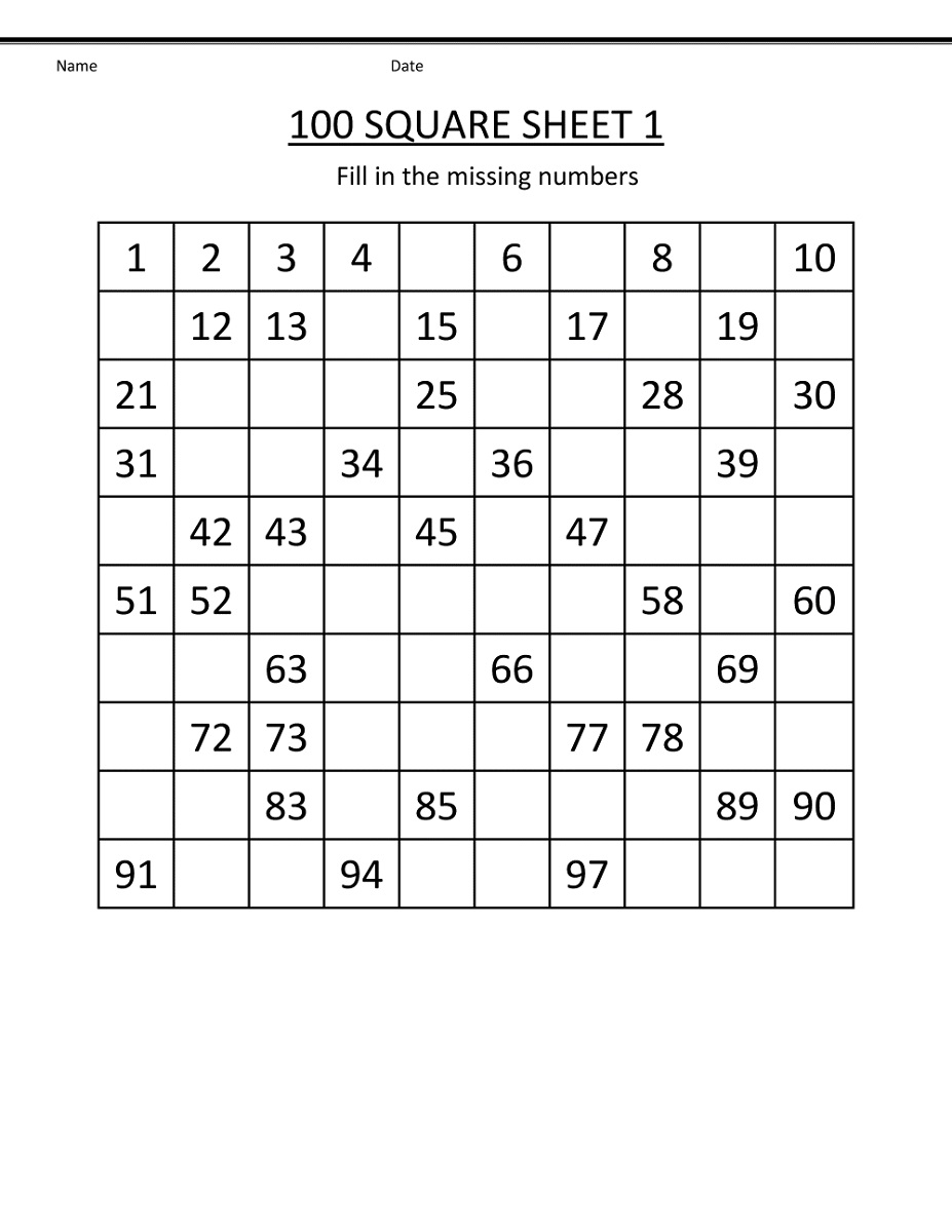 number worksheets 1-100 square