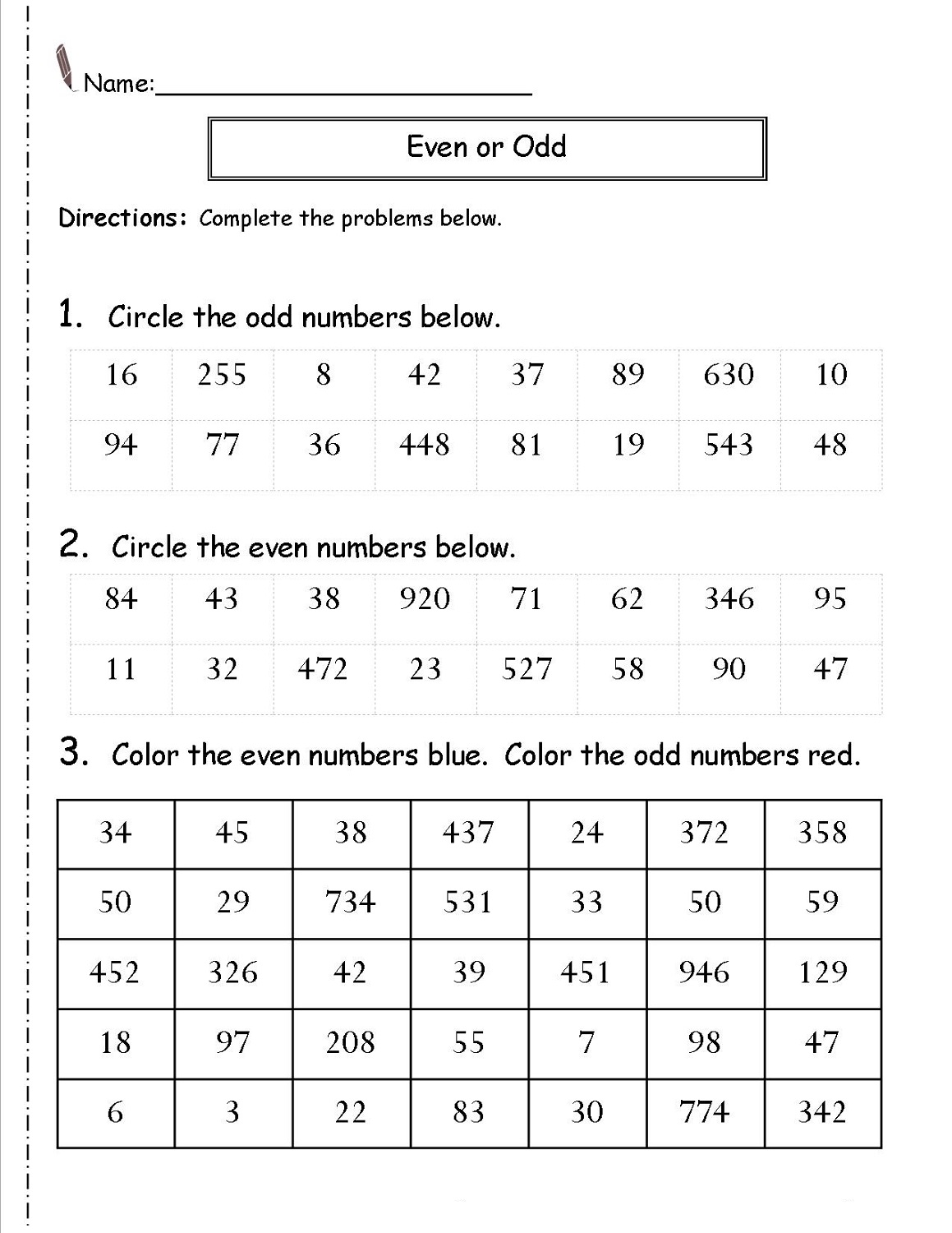 odd and even worksheets to print