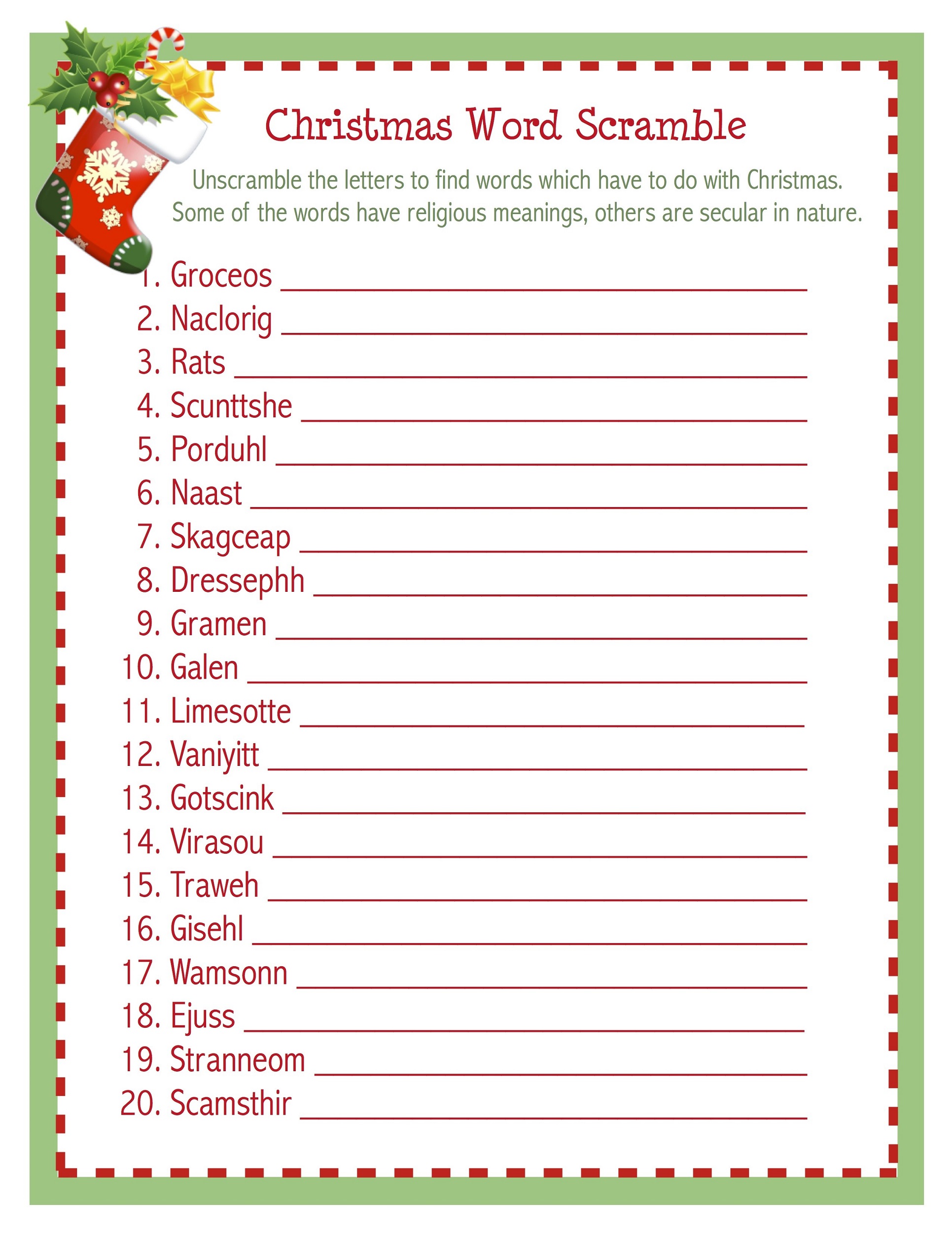 word scramble worksheets christmas