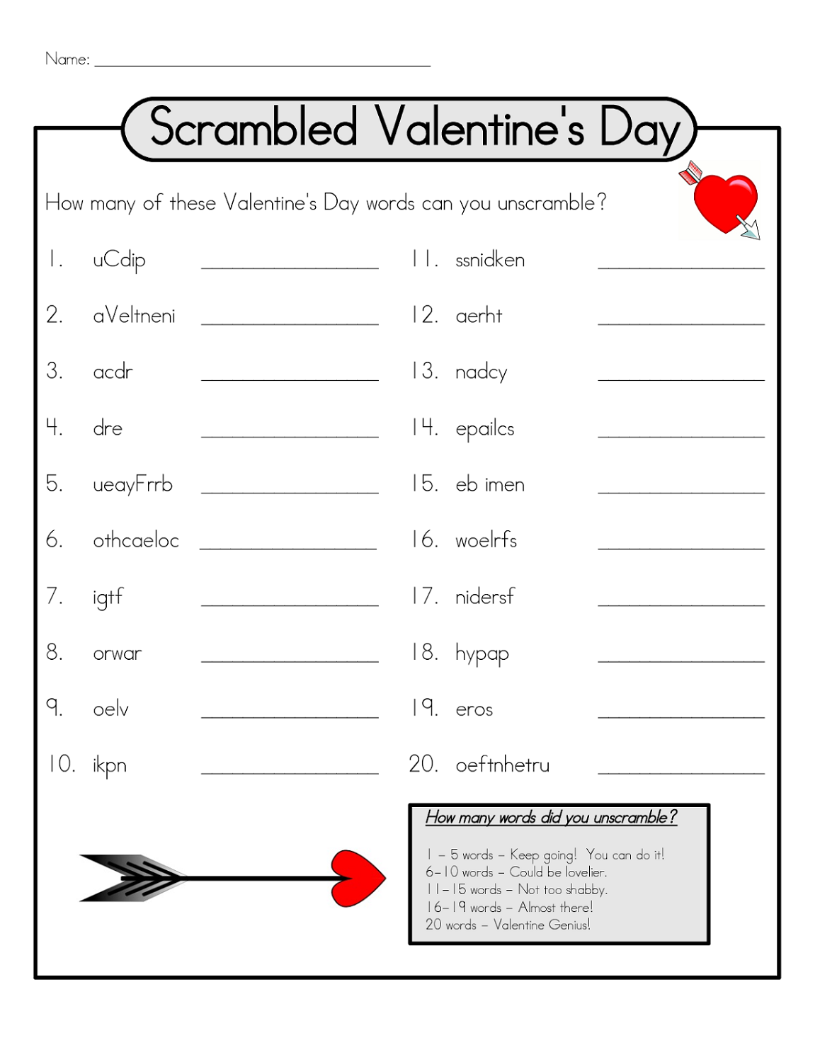 word scramble worksheets valentine