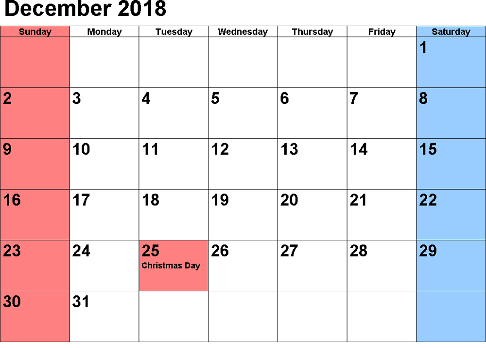 2018 monthly calendar printable december