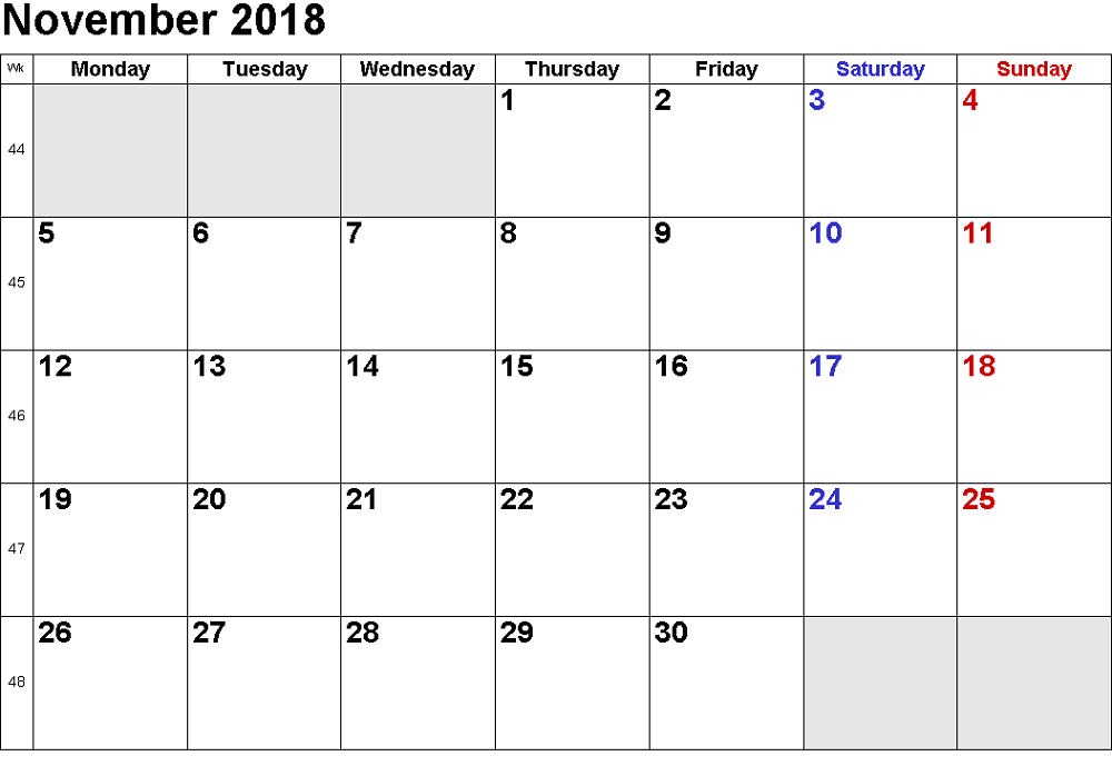 2018 monthly calendar printable november