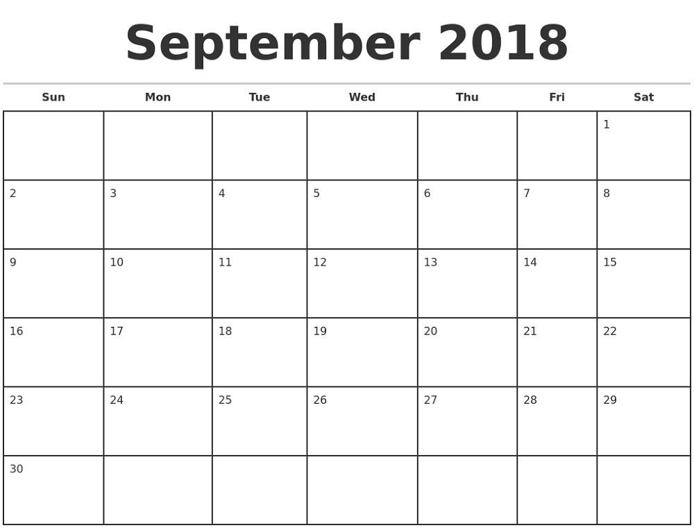 2018 monthly calendar printable september