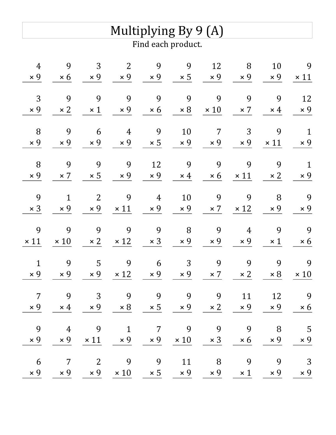 9 times table worksheet for kids