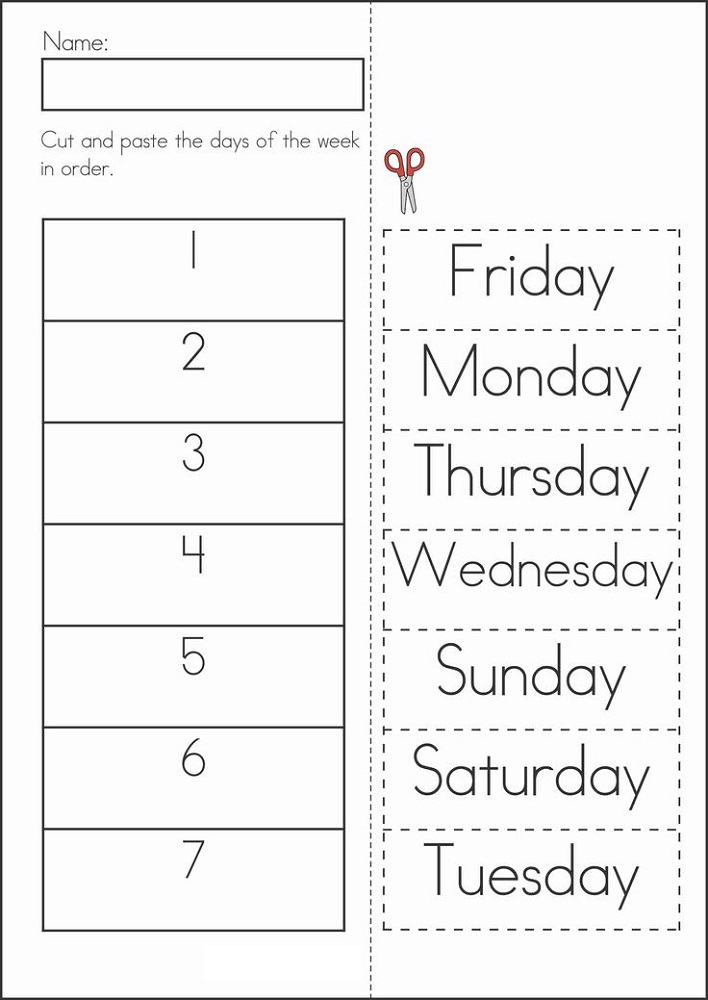 days of the week worksheets cut paste