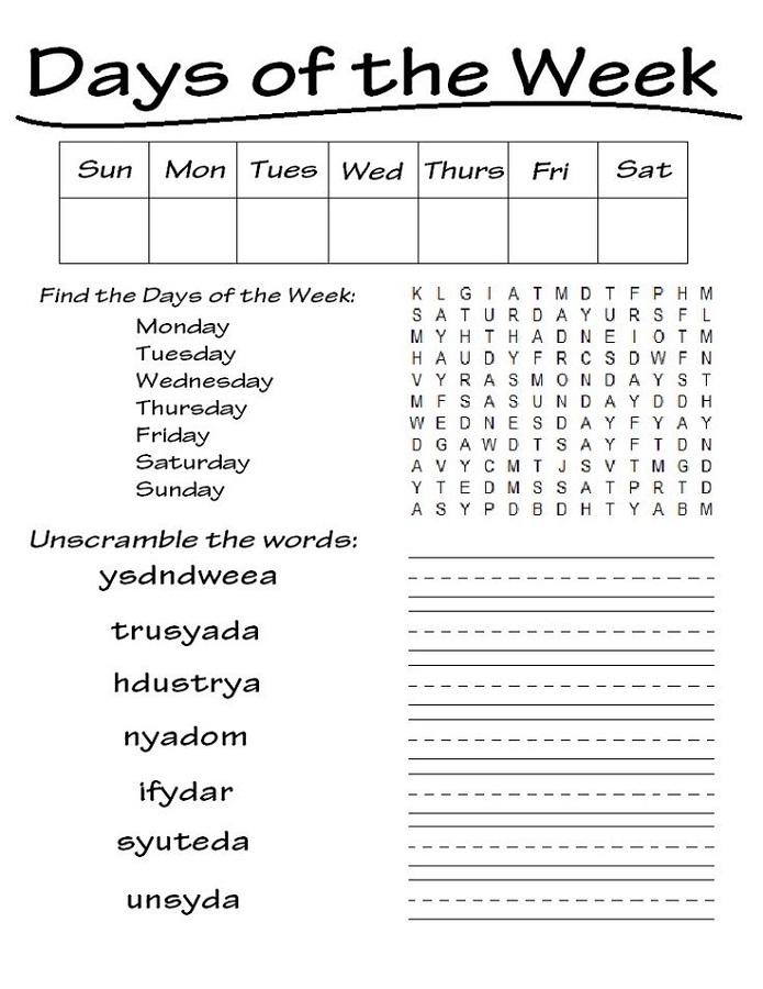 days of the week worksheets pdf