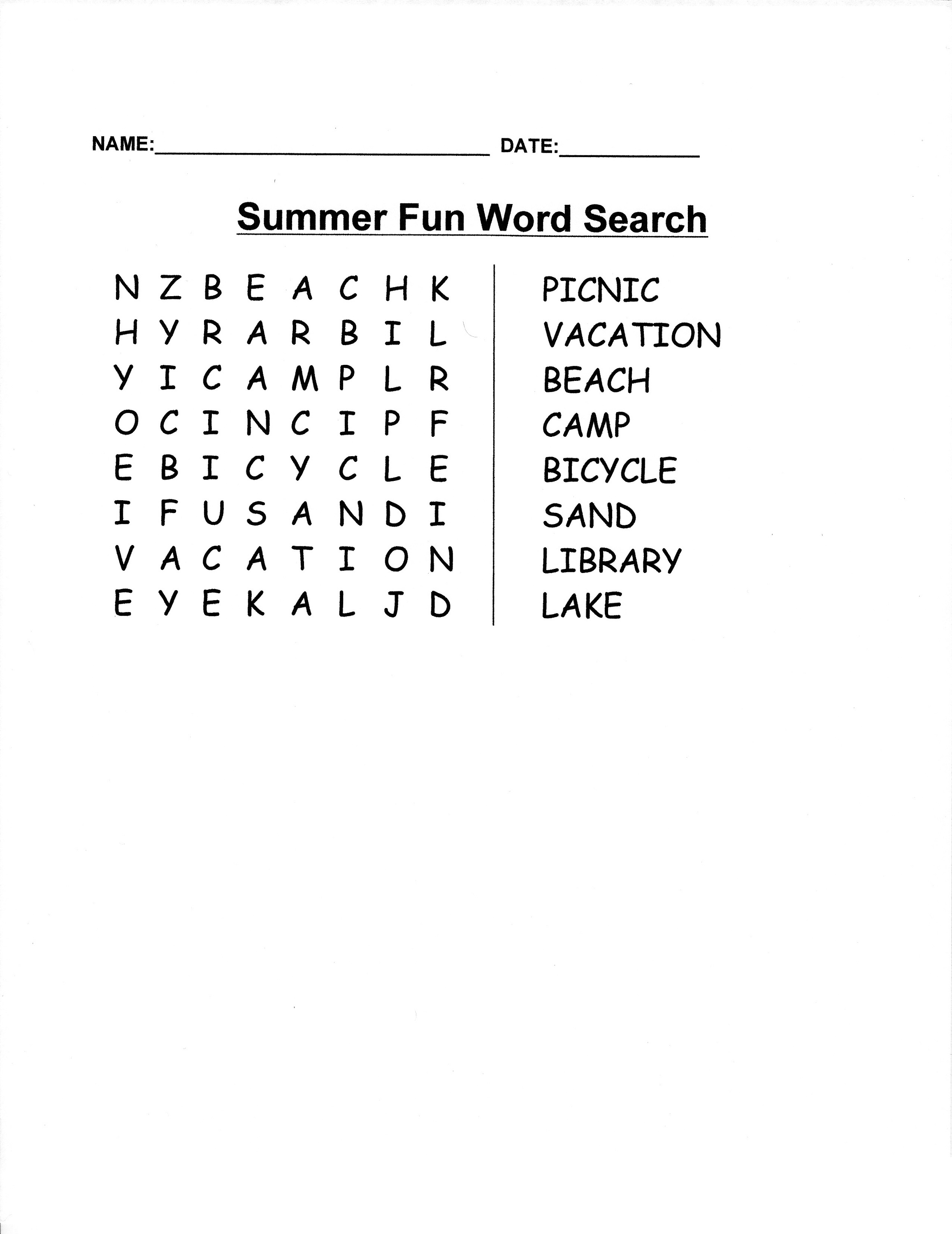 easy word searches summer