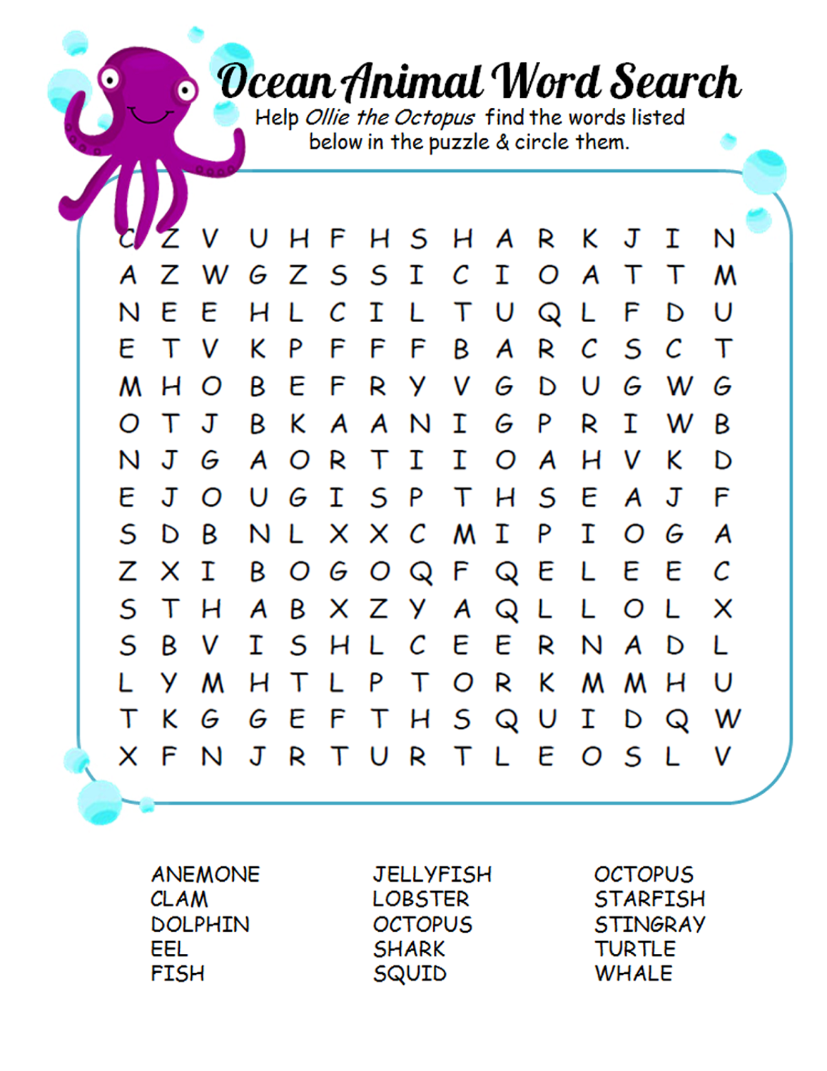 kid word search puzzles ocean