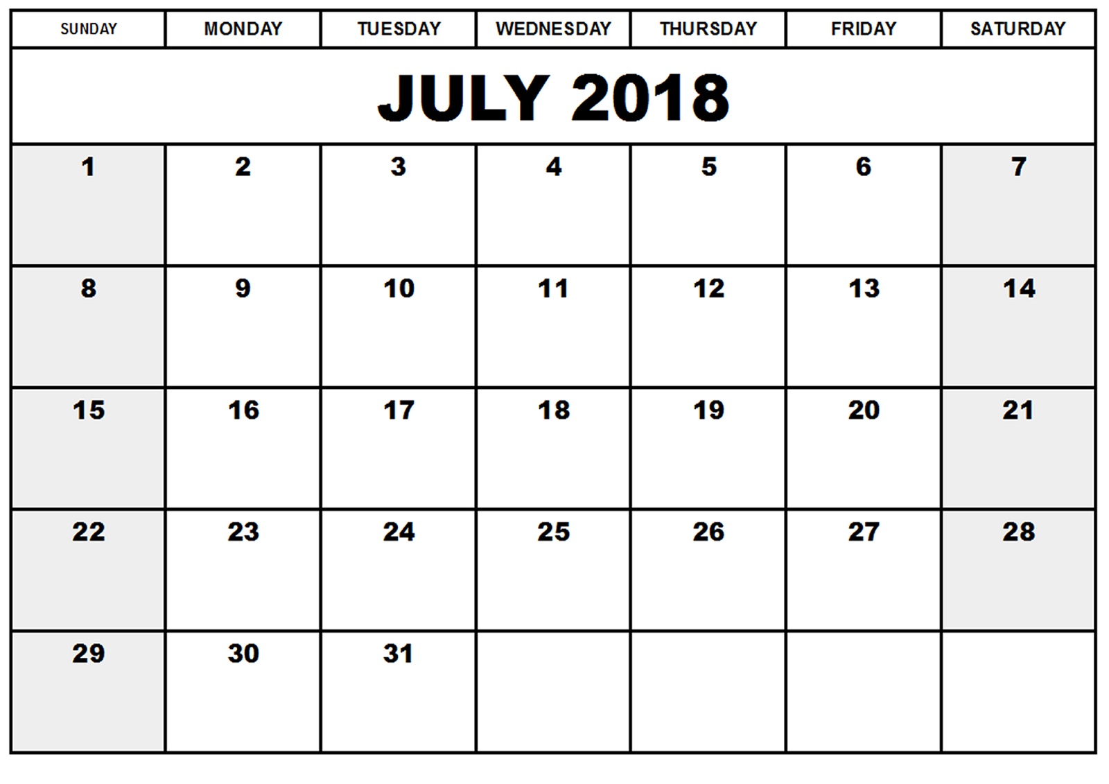 monthly 2018 calendar printable july