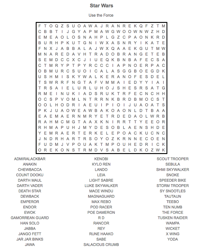 star wars word search force