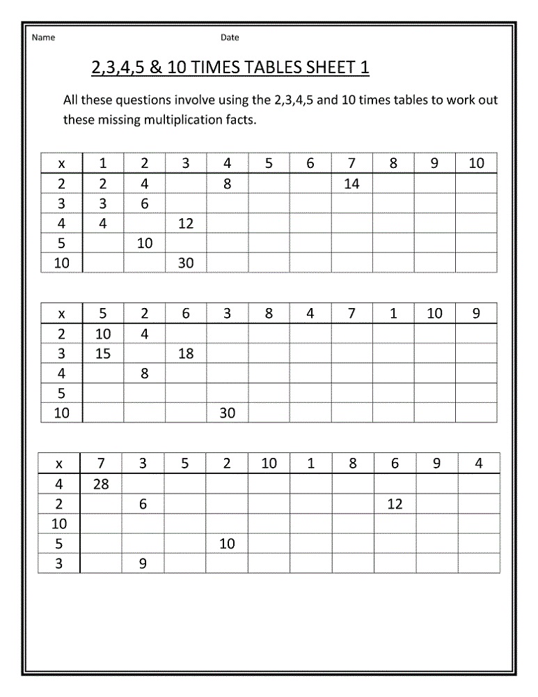 time tables worksheet math