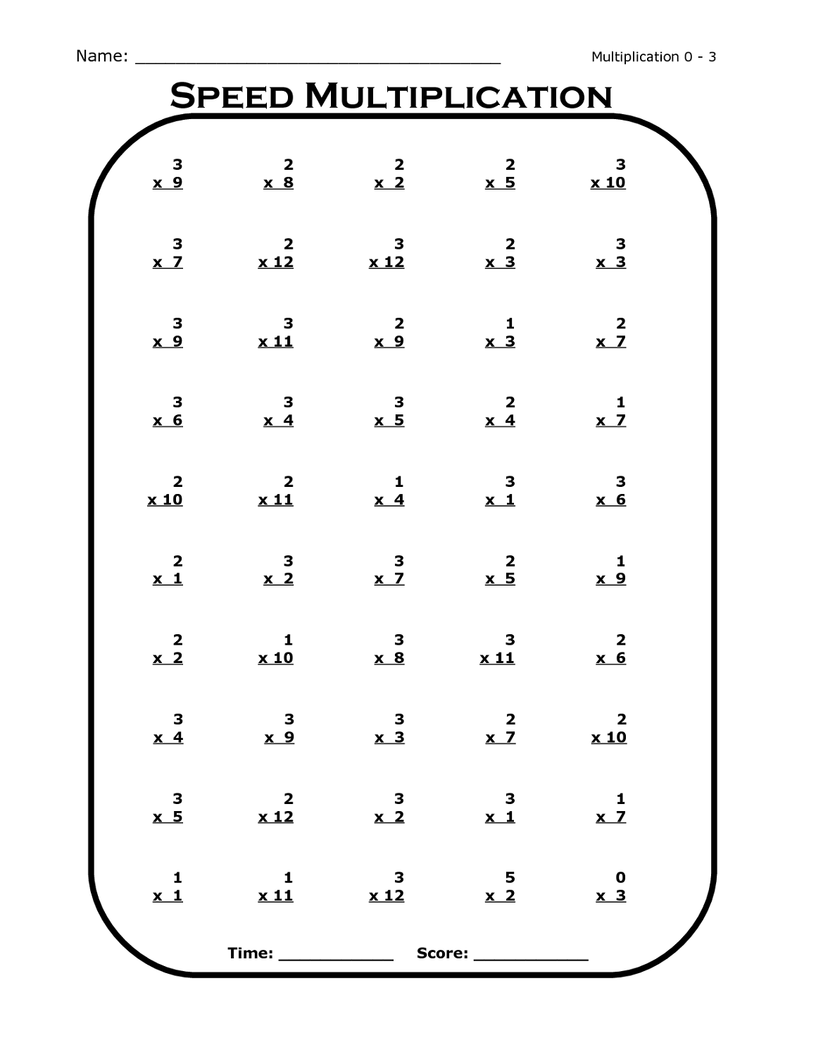 times tables drills sheet