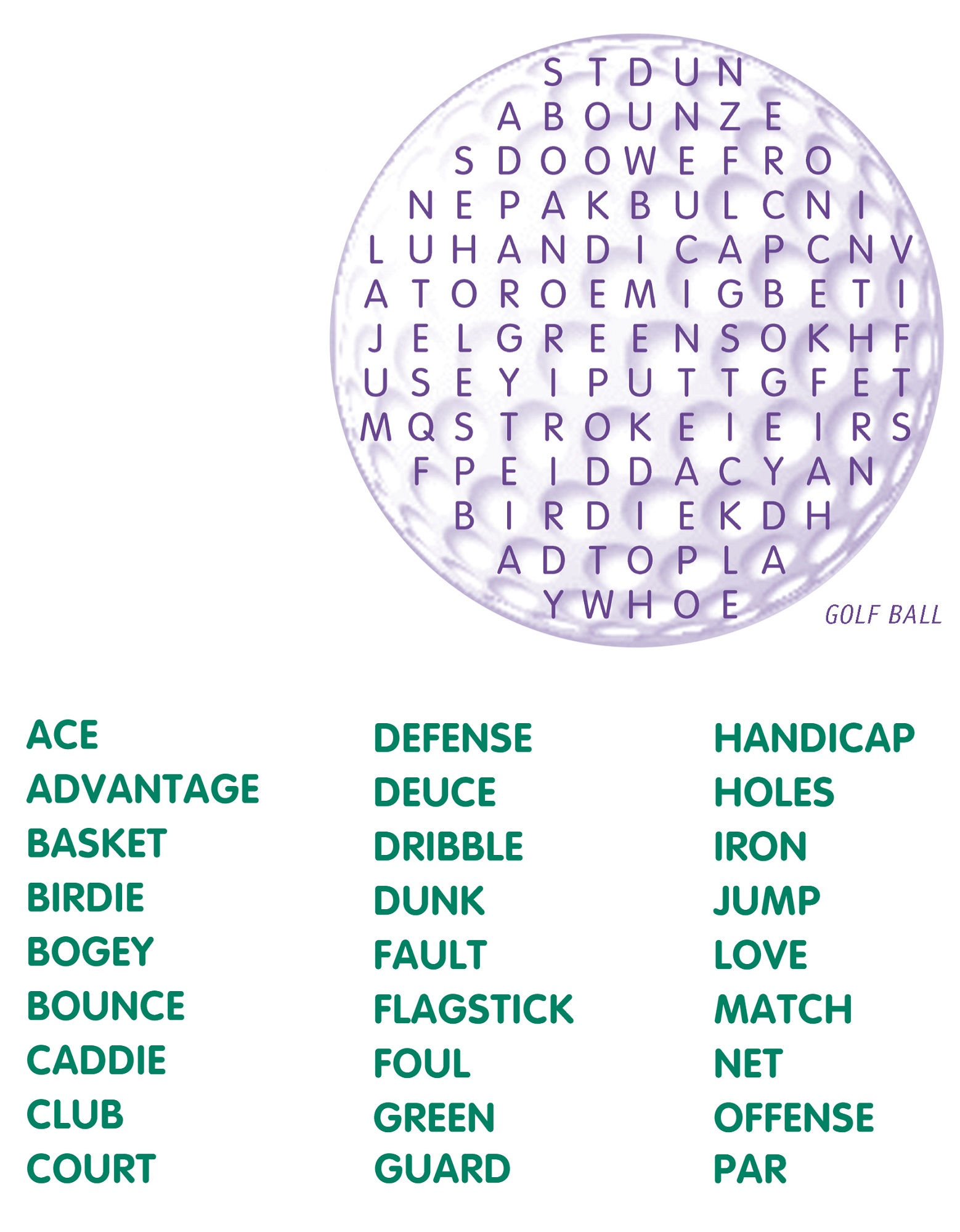 word search puzzles for kids golf