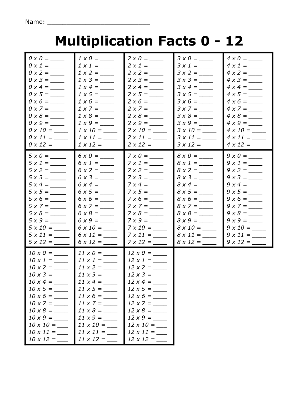 free times table worksheets 1-12