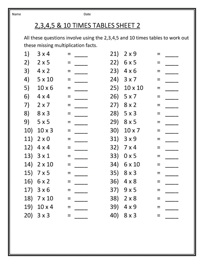free times table worksheets easy
