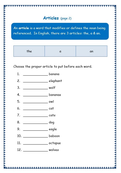 A An the Worksheets for Grade 3