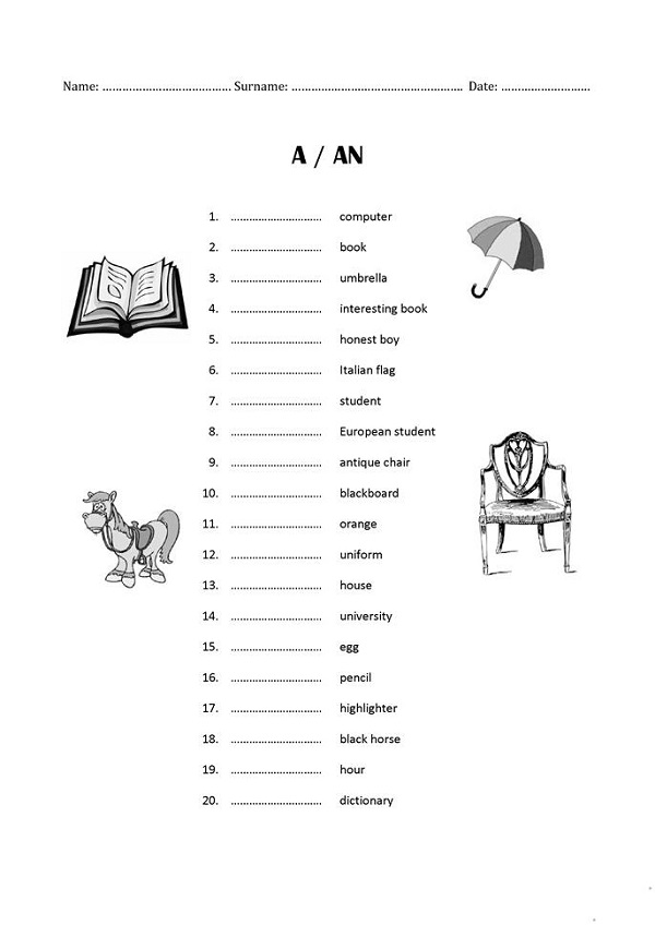A An the Worksheets for Kids