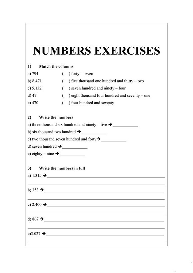 Exercise Worksheets Number