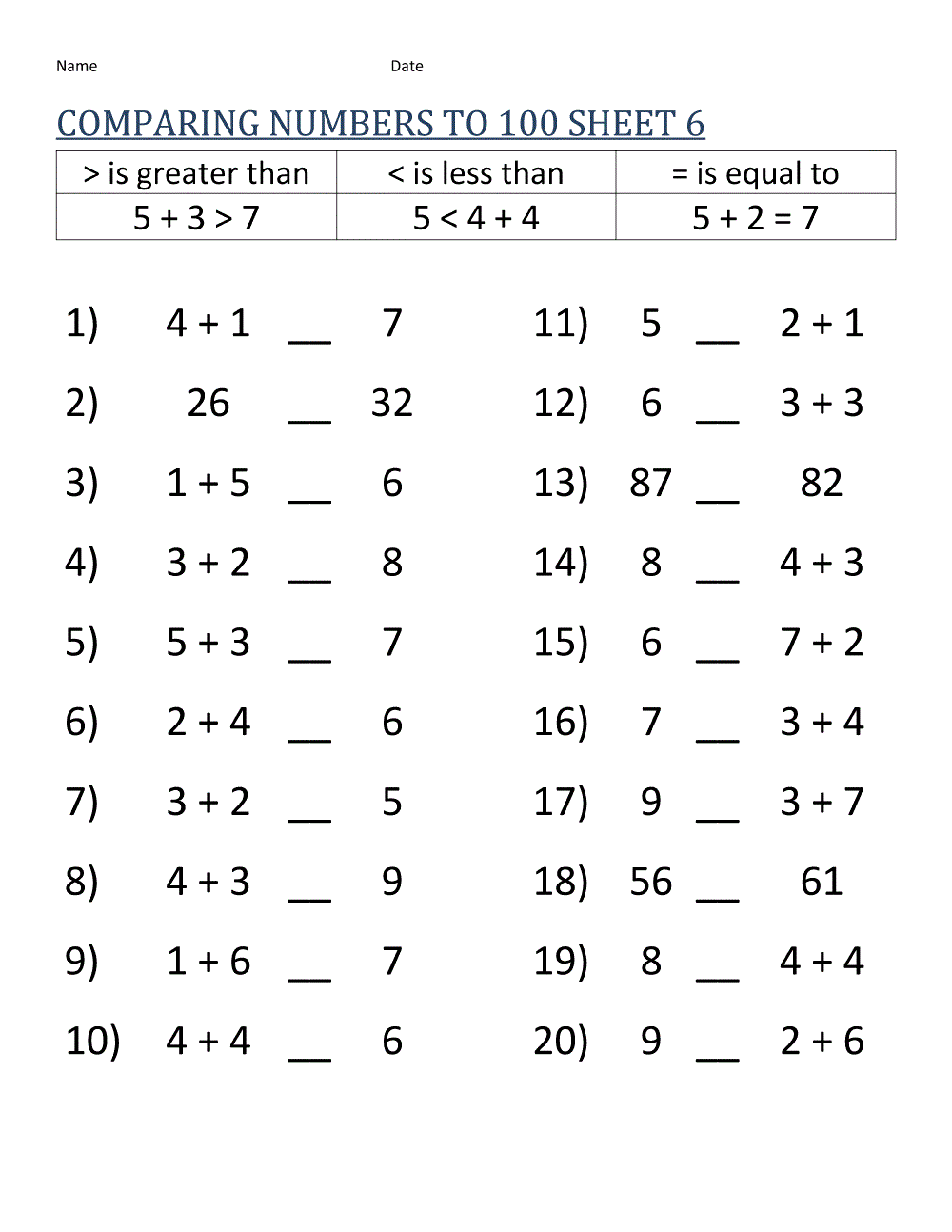 Math Worksheets for Grade 2 Comparing