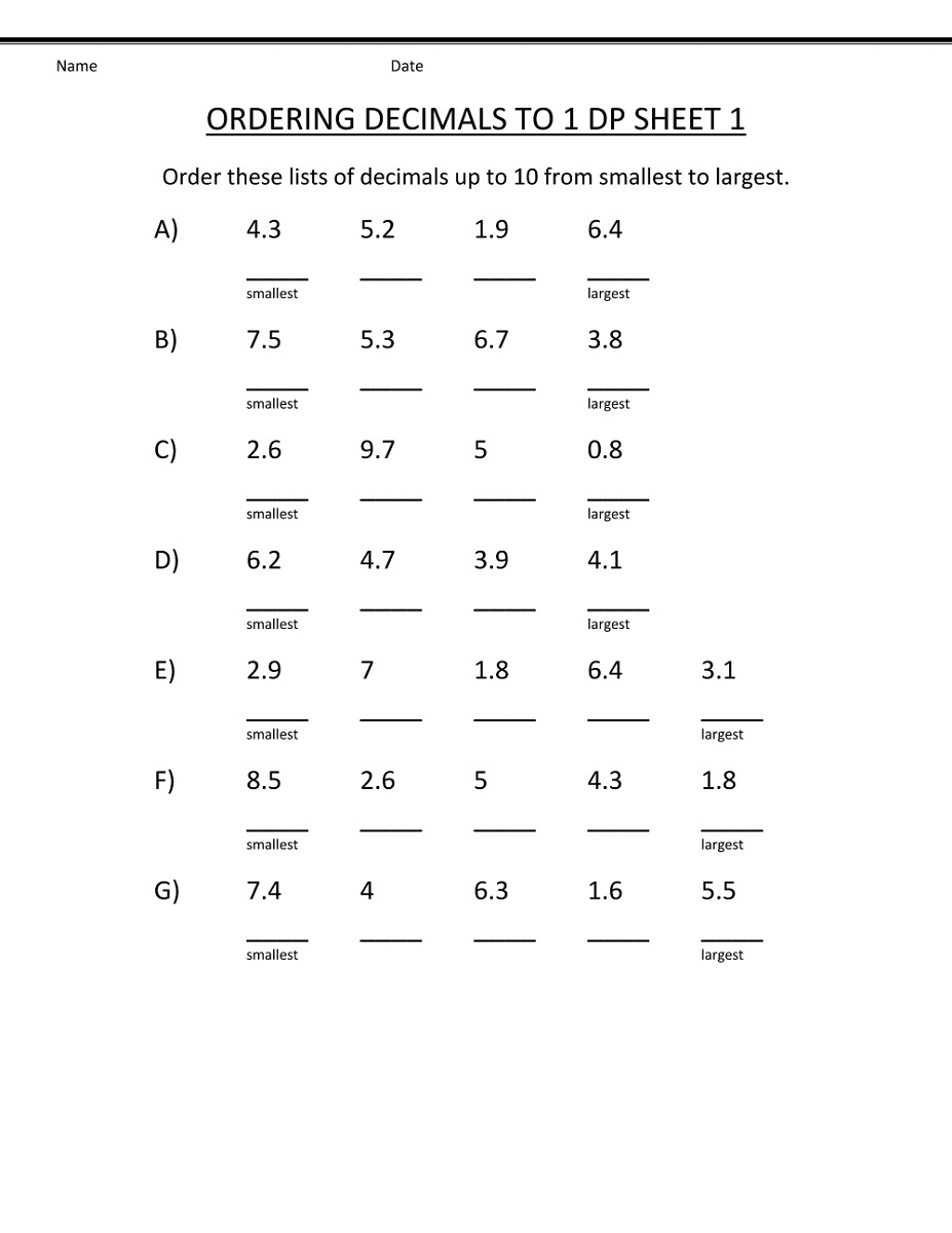 4th Grade Math Worksheets Ordering Decimals