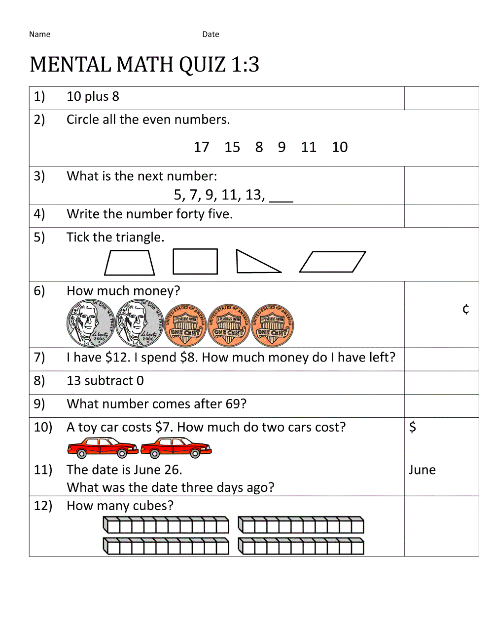 Math in English Worksheets Mental
