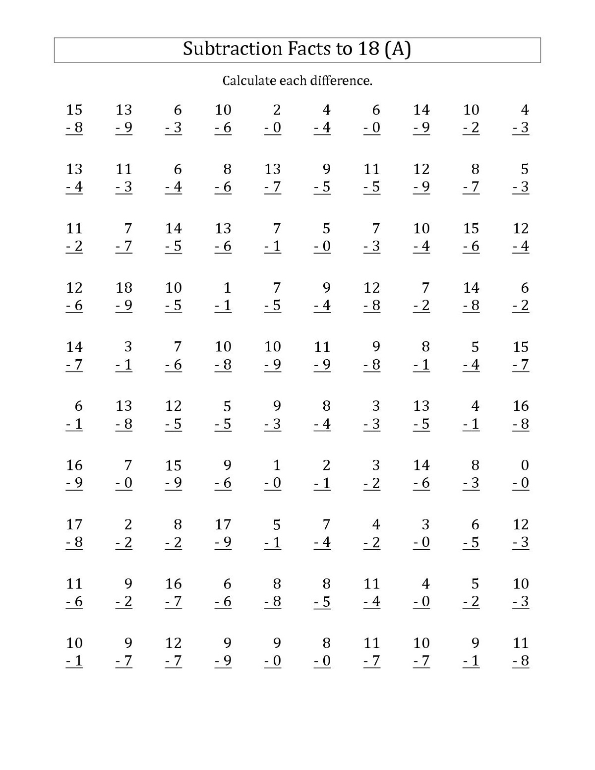Printable Math Facts Worksheets Subtraction