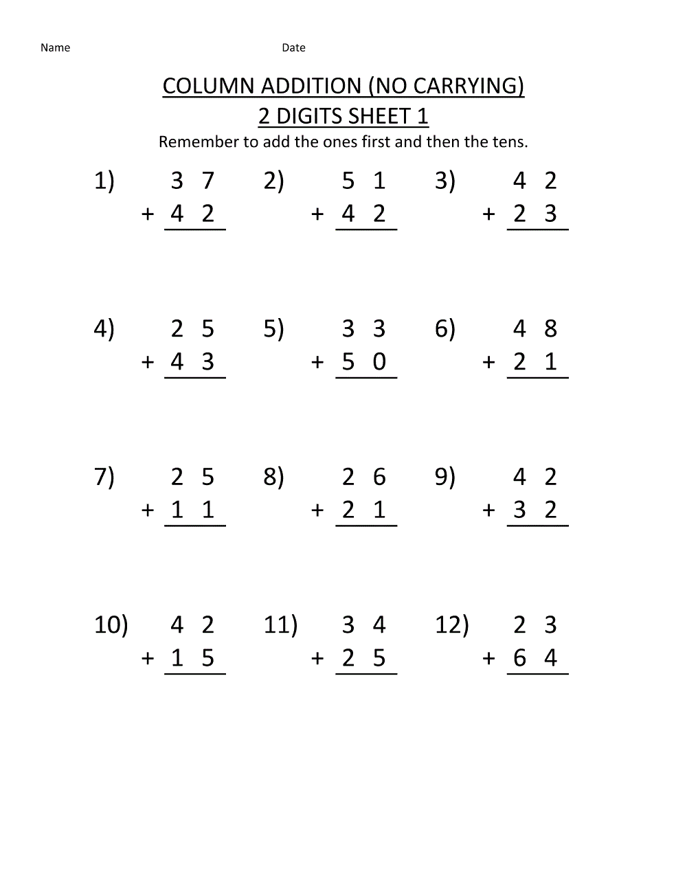Printable Math Worksheets for 1st Grade Addition
