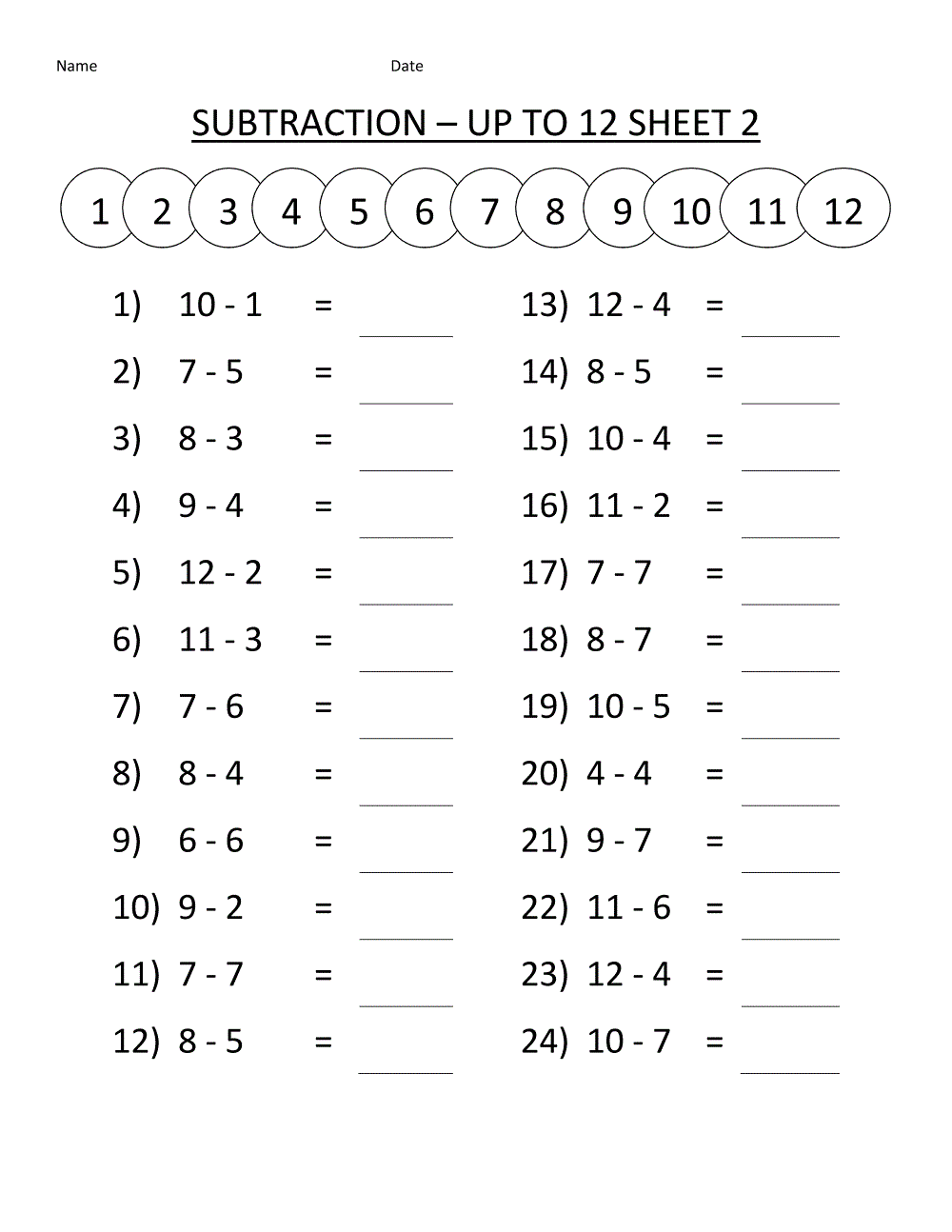 Printable Math Worksheets for 1st Grade Subtraction