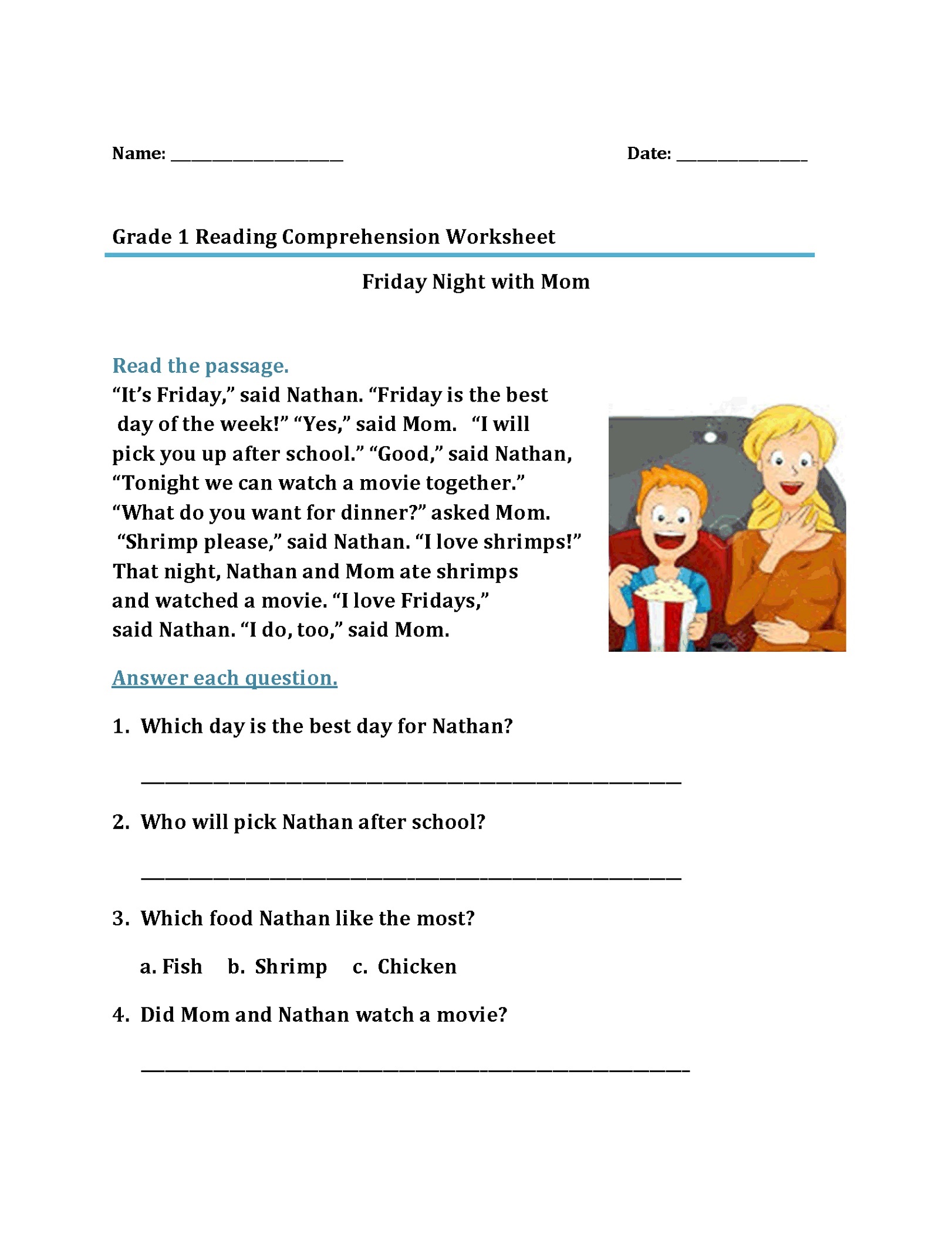 1st Grade Worksheets Reading Comprehension