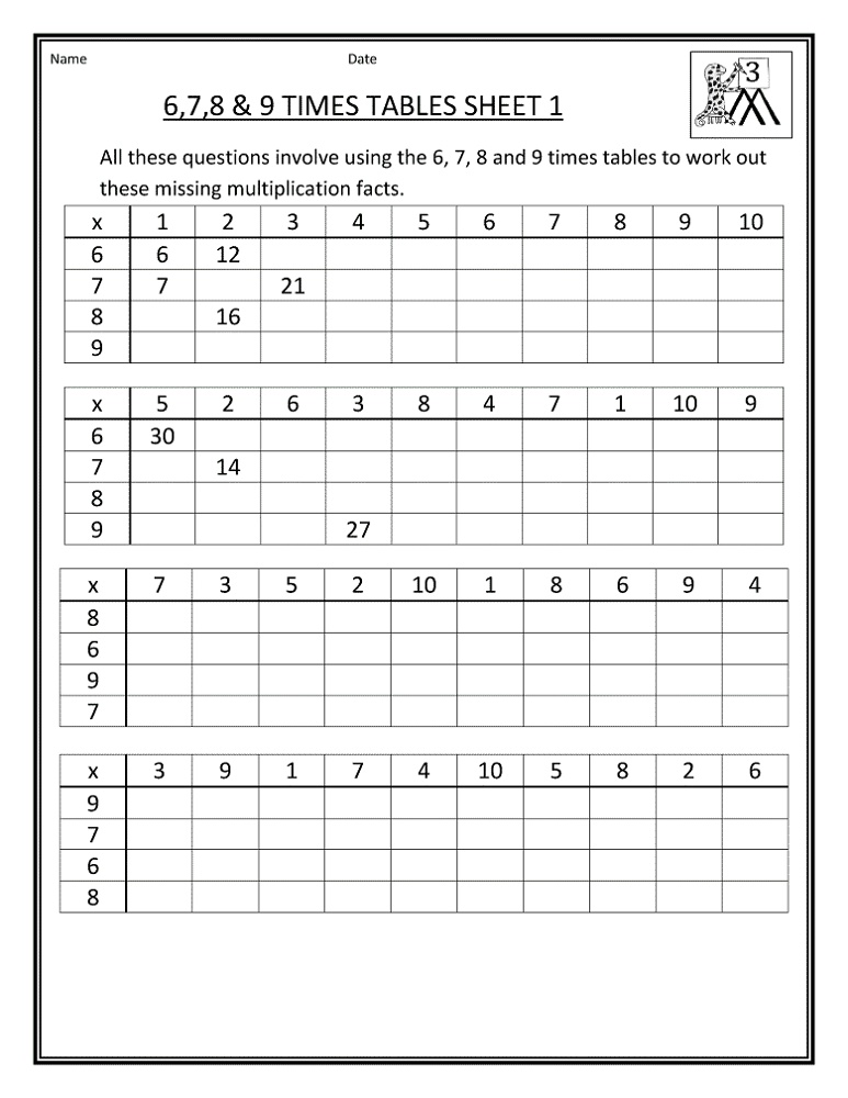 3rd Grade Worksheets Times Table