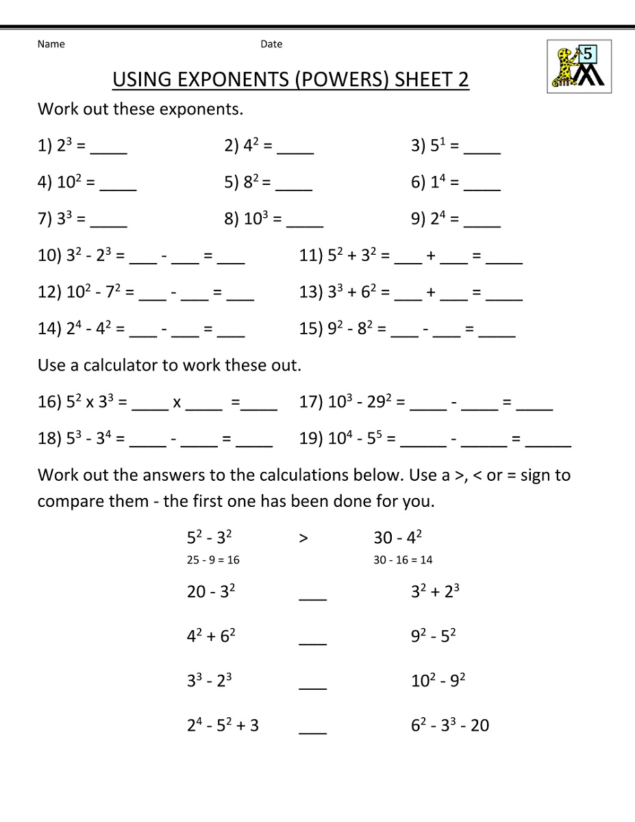 5th Grade Math Worksheets Printable Exponents