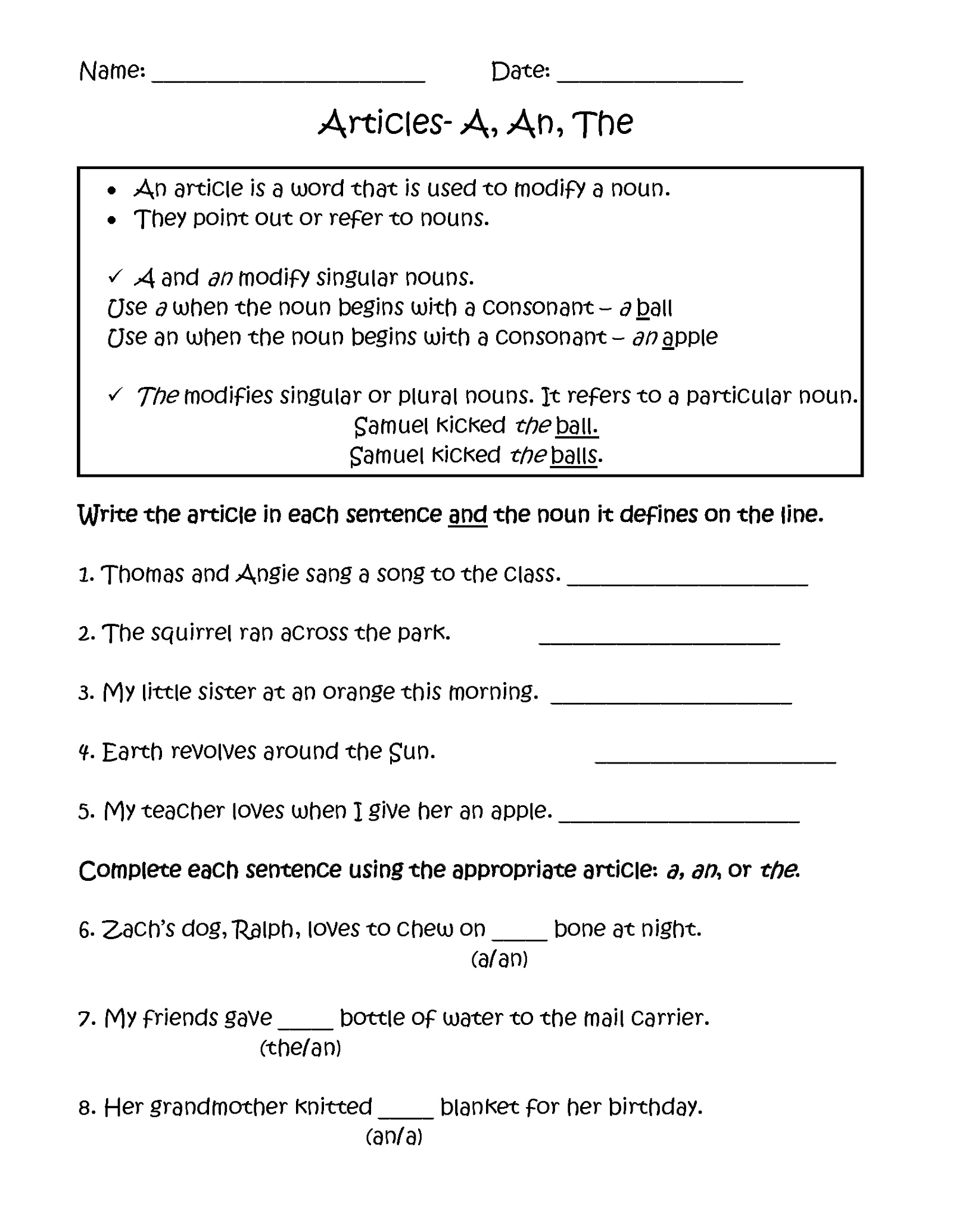 A And An Worksheets Free Printable English