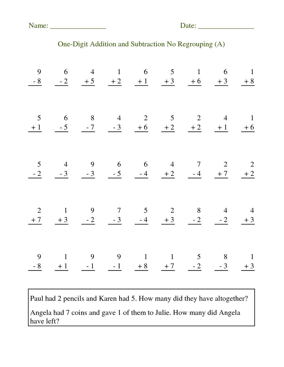 Addition And Subtraction Worksheets Vertical