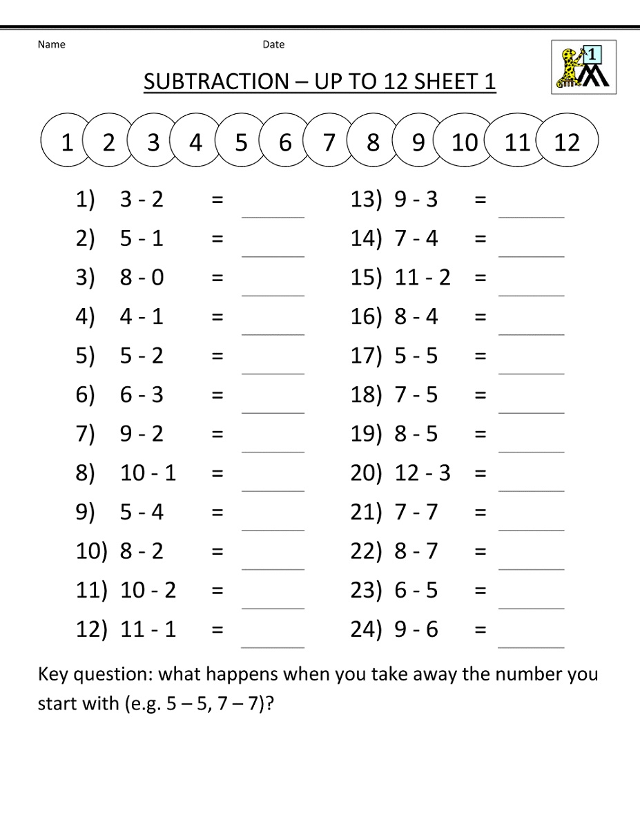 Free Math Worksheets For 1st Grade Subtraction