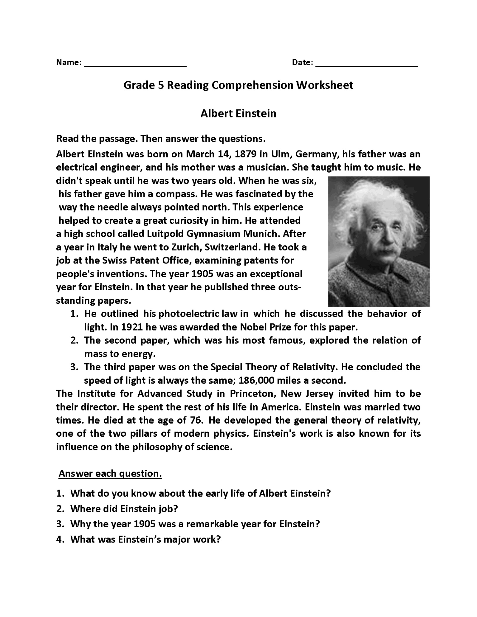 5th Grade Worksheets Reading