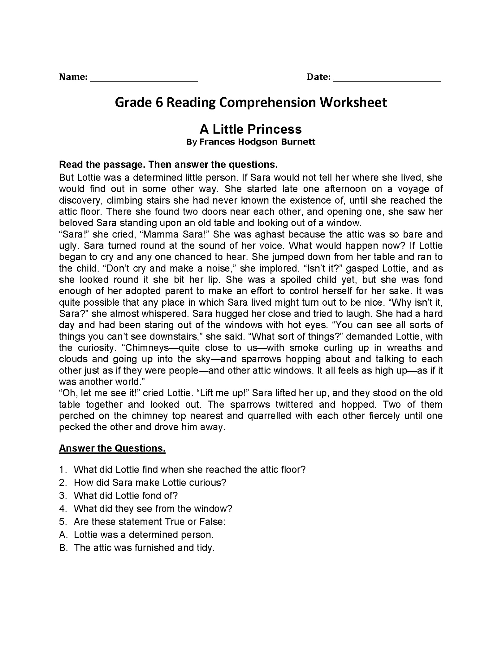 6th Grade Worksheets Reading Comprehension