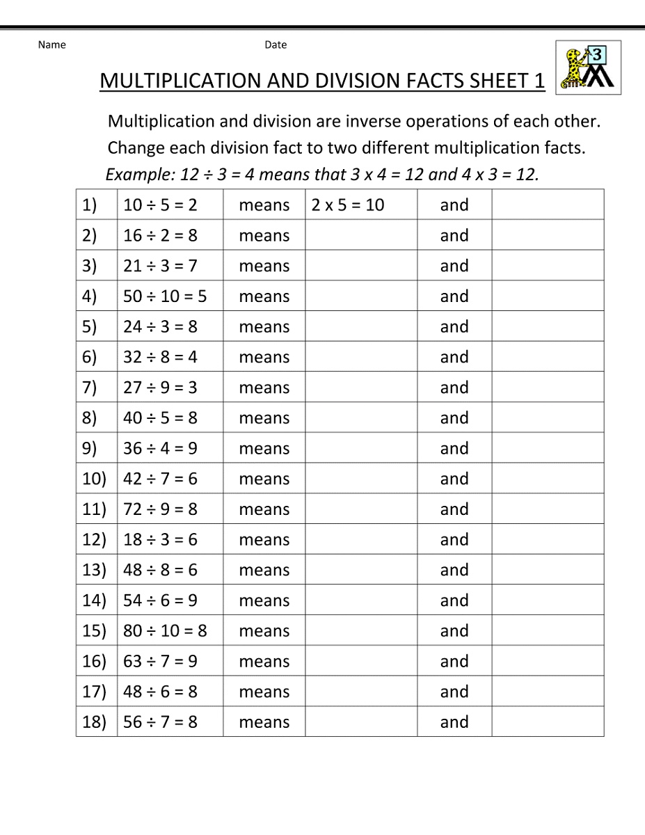 Math Facts Worksheets Multiplication And Division