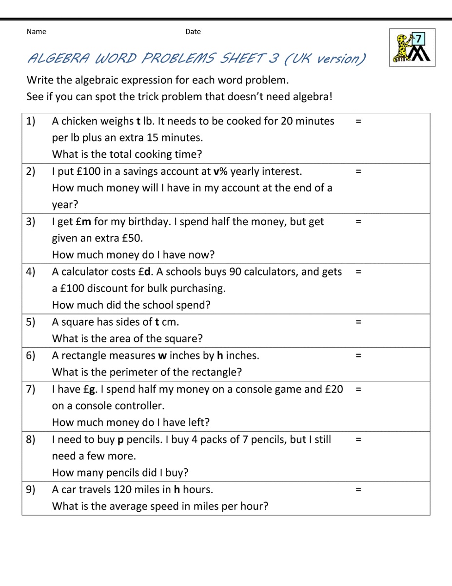 Algebra Worksheets Word Problems