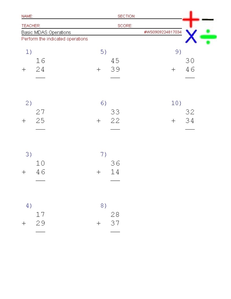 Basic Math Problems Worksheets Addition