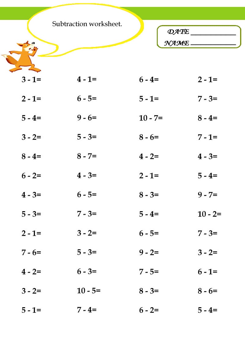 Basic Math Worksheets Subtraction