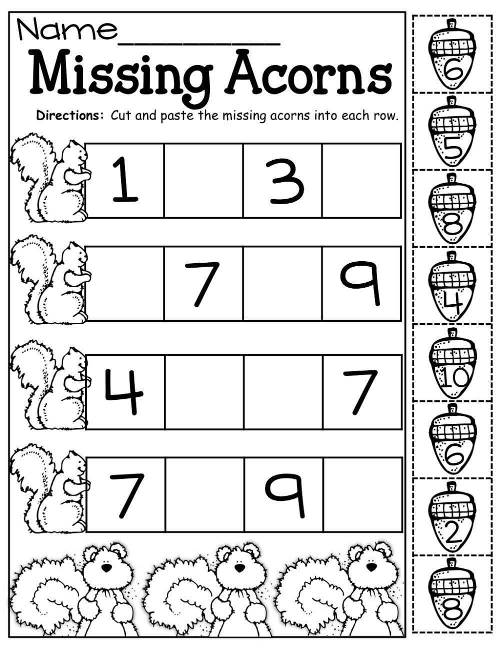 Children's Activity Sheets Missing Numbers