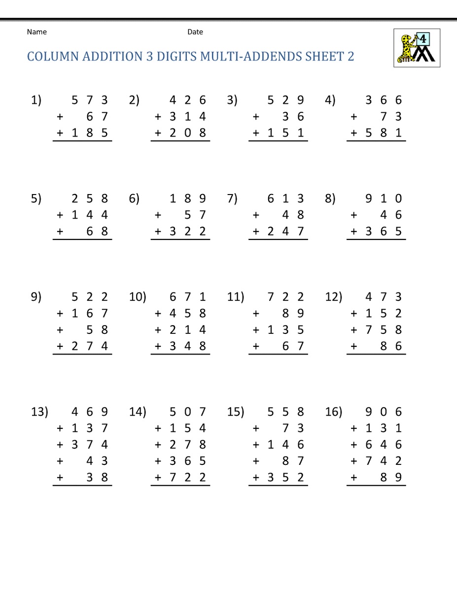 Free Addition Worksheets 4th Grade