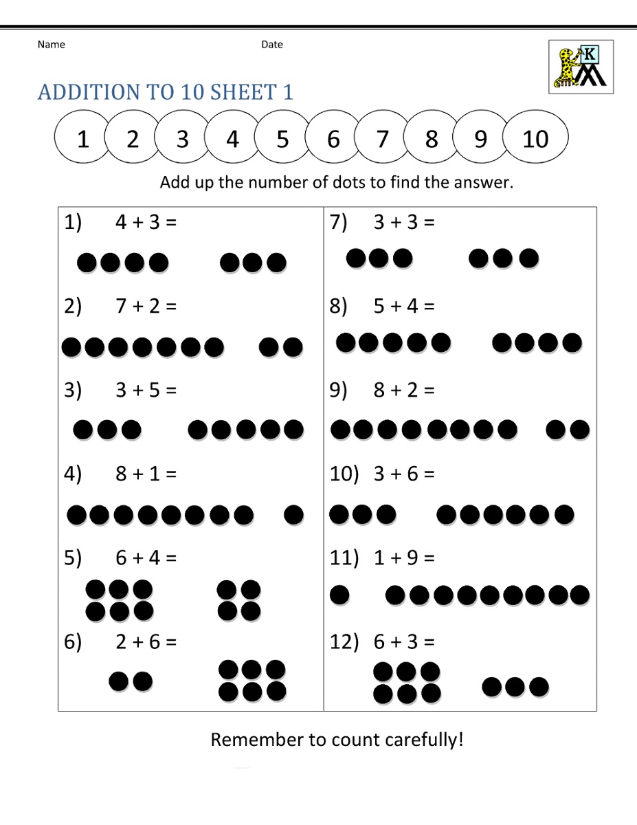 Free Addition Worksheets Kindergarten